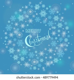 Merry Christmas greeting card with hand lettering text. Winter holidays backgrounds with wreath snowflakes , falling snow and stars. Vector illustration