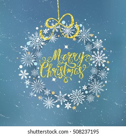 Merry Christmas greeting card with hand drawn lettering sign over beautiful snowflake wreath vector illustration. Holiday xmas poster or postcard. 