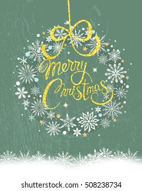 Merry Christmas greeting card with hand drawn lettering sign over beautiful snowflake wreath vector illustration. Holiday xmas poster or postcard. 