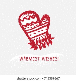 Merry Christmas Greeting card with hand drawn cute knitting mitten, vintage retro designs with text Warmest wishes. Vector illustrations.