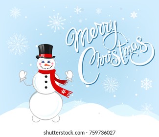 Merry Christmas greeting card with hand drawn lettering sign with cute snowman over beautiful winter background vector illustration.