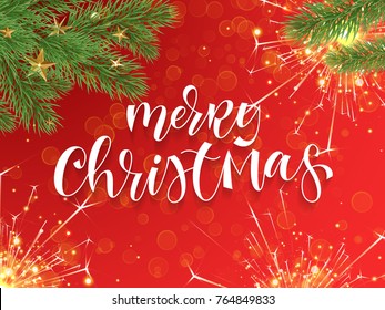 Merry Christmas greeting card of hand drawn modern calligraphy lettering on golden glitter, festive sparkler fireworks or gold confetti. Vector Christmas tree decoration for winter holiday background