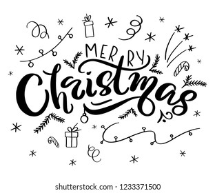 Merry Christmas greeting card. Handwritten modern brush lettering with hand drawn christmas decor elements. Lettering celebration logo. Holiday ink calligraphy. Vector.