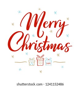 Merry Christmas greeting card. Handwritten modern color lettering with hand drawn christmas gift boxes in ethnic style. Lettering celebration logo, poster, greeting card. Holiday calligraphy. Vector.