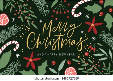 Merry Christmas greeting card with handwritten calligraphy and hand drawn decorative elements. Trendy vintage style.