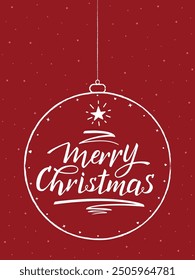 Merry Christmas greeting card. Handwritten inscription on a hanging Christmass tree ball. Christmas tree pen stroke and star. White hand lettering on red background. 