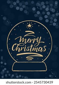 Merry Christmas greeting card. A handwritten inscription in the snow globe. Christmas tree pen stroke and star. Gold hand lettering on dark blue background with bokeh-effect.