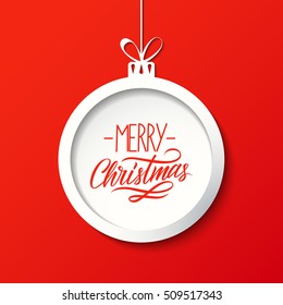 Merry Christmas greeting card with handwritten text design and christmas ball. Holiday hand drawn lettering. Vector illustration.