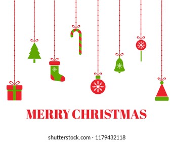 Merry Christmas greeting card with hanging christmas toys, tree, gift boxes, snowflakes, xmas balls, santa hat, bell, ribbon, candies. Red and green holiday design elements. Vector illustration