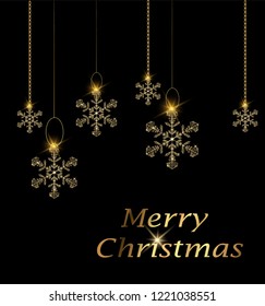 Merry Christmas greeting card with hanging golden polygonal snowflakes. Bright postcard for holiday. Vector illustration on dark background