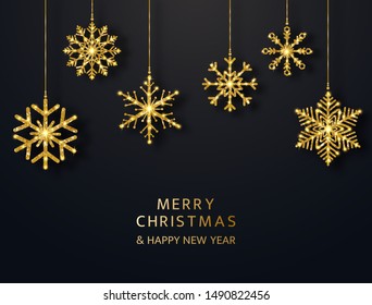 Merry Christmas greeting card with hanging glitter snowflakes. Bright gold baubles on black background. Luxury holiday design elements. Vector illustration.