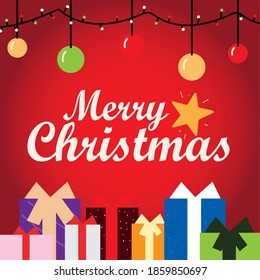 merry christmas greeting card hanging lights balls and gifts vector illustration