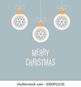 Merry Christmas greeting card with hanging white Christmas balls and text on a blue background. Modern vector illustration