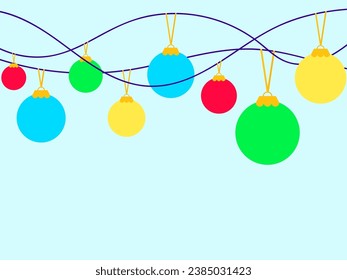 Merry Christmas greeting card and hanging Christmas tree balls of different colors. Hanging Xmas ball. Holiday design for greeting cards, banners and posters. Vector illustration