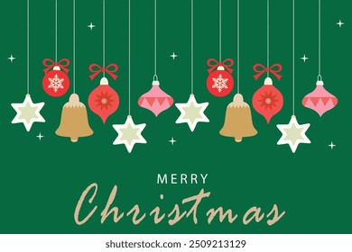 Tarjeta de felicitación de las Navidades alegres con los ornamentos colgantes, las campanas, y las estrellas en un fondo verde. Anuncio de diseño de Navidad, cubierta de vacaciones. Anuncio de arte mínimo, cartel, ventas, Web y Plantilla de redes sociales