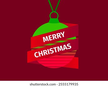 Merry Christmas. Greeting card with a hanging Christmas ball in retro style of the 80s. Synthwave and retrowave style. Christmas ball with ribbon and text for banners and posters. Vector illustration