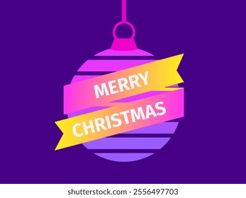 Merry Christmas. Greeting card with a hanging Christmas ball in retro style of the 80s. Synthwave and retrowave style. Christmas ball with ribbon and text for banners and posters. Vector illustration
