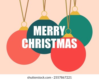 Merry Christmas. Greeting card with hanging Christmas balls. Colorful hanging Christmas tree decorations. Festive design for invitations, banners and posters. Vector illustration