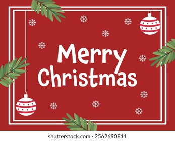 Merry Christmas Greeting Card with Hanging Baubles, Fir Leaves and Snowflake in Red Background Illustration.