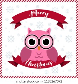 Merry Christmas greeting card. Happy owl with glasses , snowflakes. 