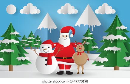 Merry Christmas greeting card with Happy Santa Claus, snowman and reindeer in winter snow forest. Vector illustration