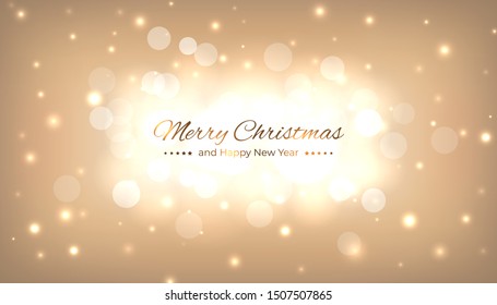 Merry christmas greeting card. Happy new year vector illustration. Design template with light festive golden background. Bokeh golden christmas background. Vector holiday illustration