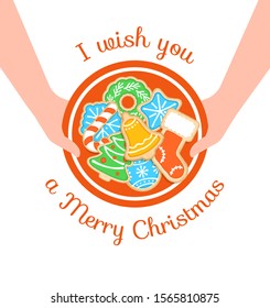 Merry Christmas greeting card. Happy holiday vector cartoon illustration. Christmas cookies on plate in woman’s hands. Gingerbread homemade biscuits decorated with sugar icing. Festive food for party