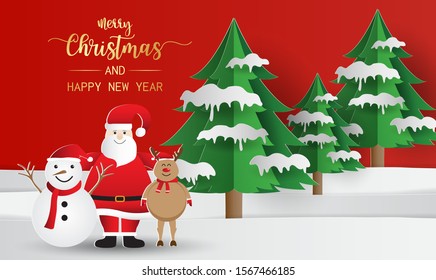 Merry Christmas greeting card with Happy Santa Claus, snowman and reindeer in winter snow forest. Vector illustration