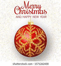 Merry Christmas greeting card. Merry Christmas and happy New Year phrase and red christmas ball whith gold snowflakes on white background. Vector illustration.