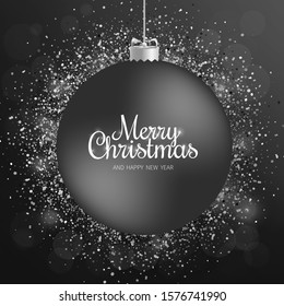 Merry Christmas greeting card. Merry Christmas and happy New Year phrase and christmas ball on dark background. Vector illustration.