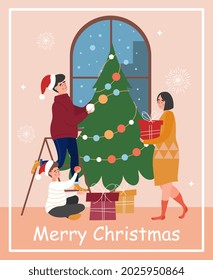 Merry Christmas greeting card. Happy family with child decorates Christmas tree in house. Design for posters and social networks. Cartoon flat vector illustration isolated on pink background