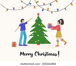 Merry Christmas greeting card. Happy couples, young men and women decorating the Christmas tree. Vector illustration for flyer, postcard and banner for website.