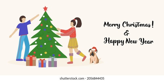 Merry Christmas greeting card. Happy couples, young men and women decorating the Christmas tree. Vector illustration for flyer, postcard and banner for website.