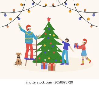 Merry Christmas greeting card. Happy family preparing for the holiday, decorating the Christmas tree. Vector illustration for flyer and booklet, postcard and banner for website.