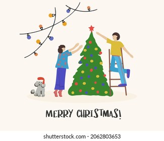 Merry Christmas greeting card. Happy couples, young men and women decorating the Christmas tree. Vector illustration for flyer, postcard and banner for website.