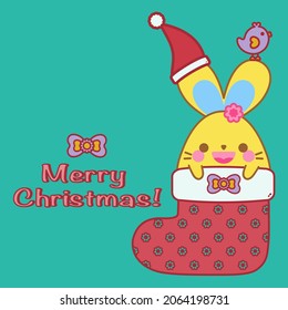 Merry Christmas greeting card. Happy cute bunny, red Santa Claus hat, emerge from lovely green flower ribbon red sock, kawaii rabbit animal cartoon character smile doodle vector illustration design.