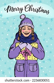 Merry Christmas greeting card. Happy young girl in winter clothes with a gift. Hand drawn vector illustration. New Year theme.