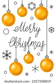 Merry Christmas greeting card. Happy New Year celebration. Postcard or invitation with golden balls