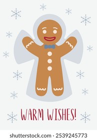 Merry Christmas greeting card, happy winter holidays, warm wishes. Gingerbread Man Card illustration