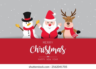 Merry Christmas greeting card and happy new year with Santa Claus, deer, snowman on red background. vector illustration flat design