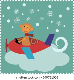 Merry Christmas greeting card with happy monkey Santa, Monkey isolated. Monkey vector, EPS8.Monkey cartoon.Christmas airplane,plane vector,monkey isolated vector,delivery vector,winter transport
