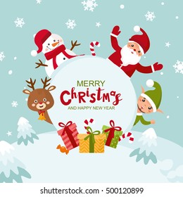 Merry Christmas greeting card. Happy New Year holidays! Santa, snowman, elf, deer with winter landscape. Illustration for kids, X-mas holidays.