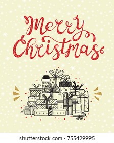 Merry Christmas greeting card. Happy Holidays. Vector winter holiday background with Snowflakes, hand lettering calligraphic and Christmas Gifts Heap