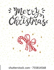 Merry Christmas greeting card. Happy Holidays. Vector winter holiday background with hand lettering calligraphic and Christmas Candy Cane 
