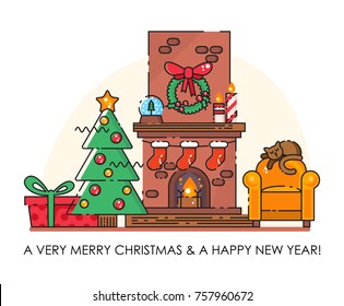Merry Christmas greeting card.  Happy New year wishes. Poster in flat line modern style.