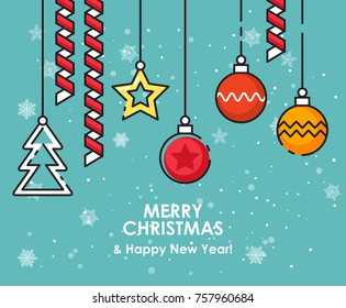 Merry Christmas greeting card.  Happy New year wishes. Poster in flat line modern style.