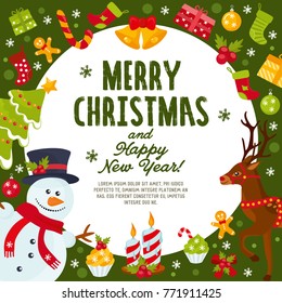 Merry Christmas greeting card. Happy New Year holidays! Holiday card with hand drawn lettering and Christmas decorations. Illustration for X-mas holidays. 