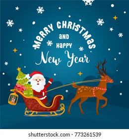 Merry Christmas greeting card. Happy New Year holidays! Holiday card with hand drawn lettering and Santa Claus on a sleigh with gifts. Illustration for X-mas holidays. 