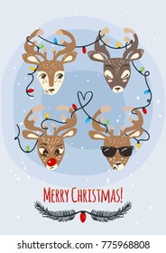 Merry Christmas greeting card with heads of the forest animal. Cute deers with Christmas lights vector illustration.