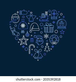 Merry Christmas Greeting Card with Heart-Shaped blue outline design - I love New Year concept vector modern illustration